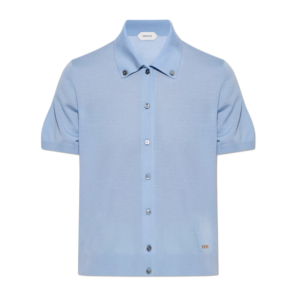 Versace Vrouw Blauw Truien & Vesten Dames, 2XS, Wol, Geborduurde Wollen Cardigan