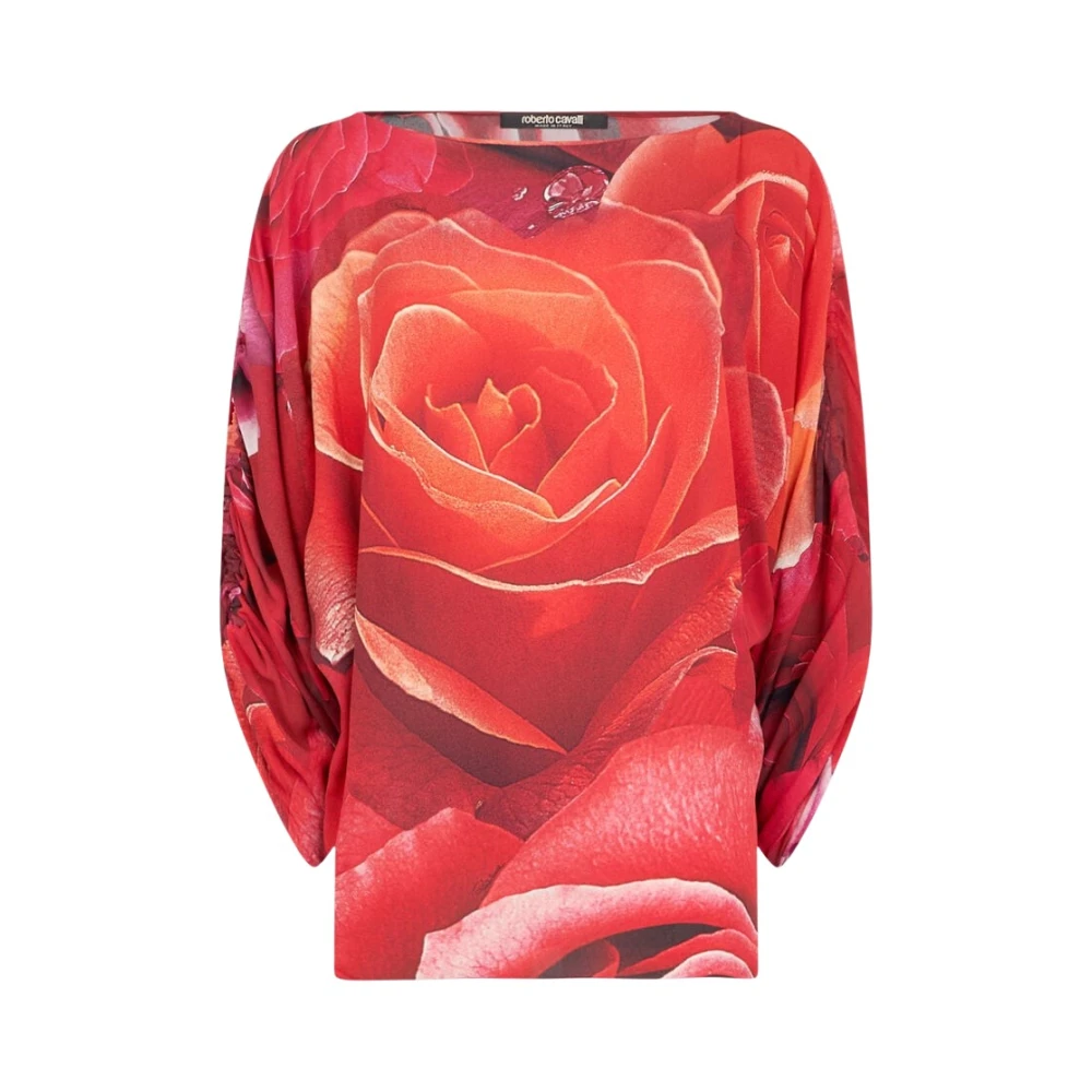 Roberto Cavalli Rose Print Jumper With Gathered Sleeves - Female - Long Sleeve T-Shirts - Red - L - Tops
