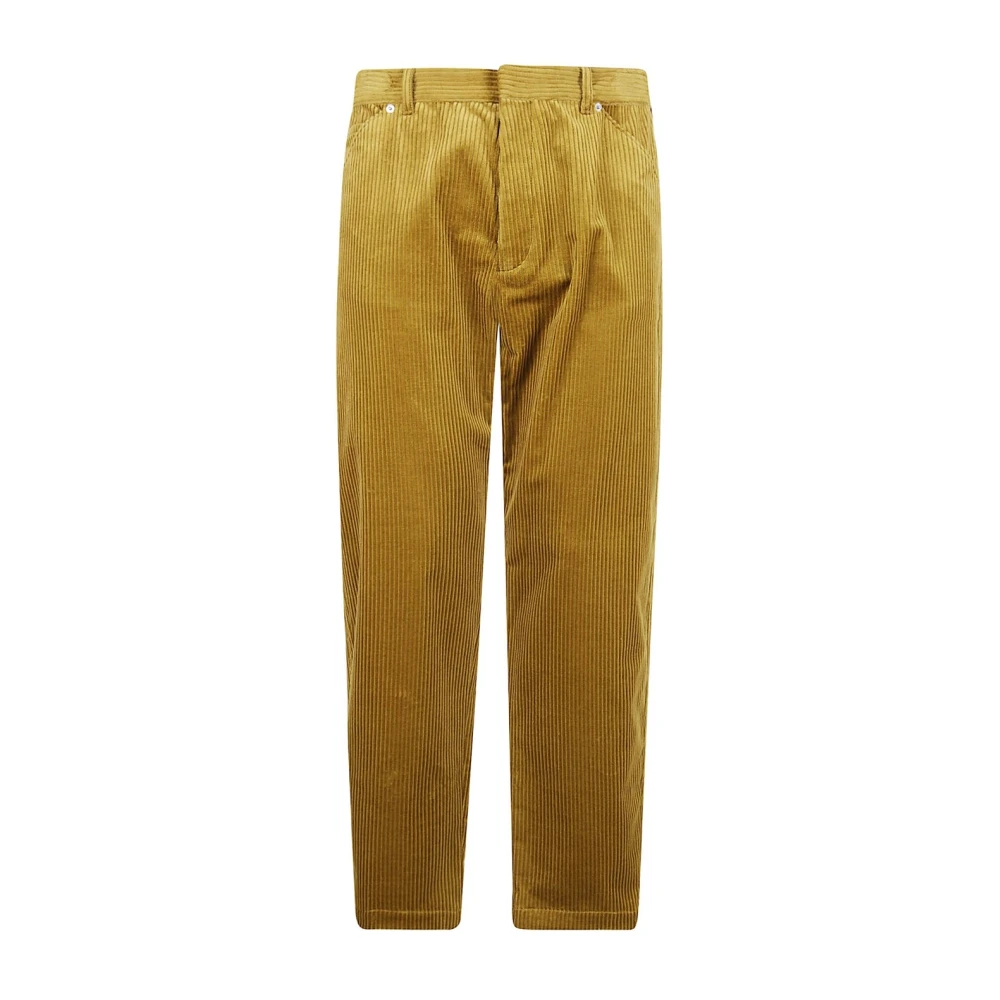 Prada Men's Yellow Slim-Fit Trousers, L, Velvet Corduroy Trousers With Enamel Logo