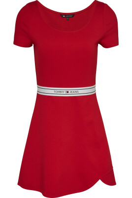 red-stretch-dress-with-logo-waistband