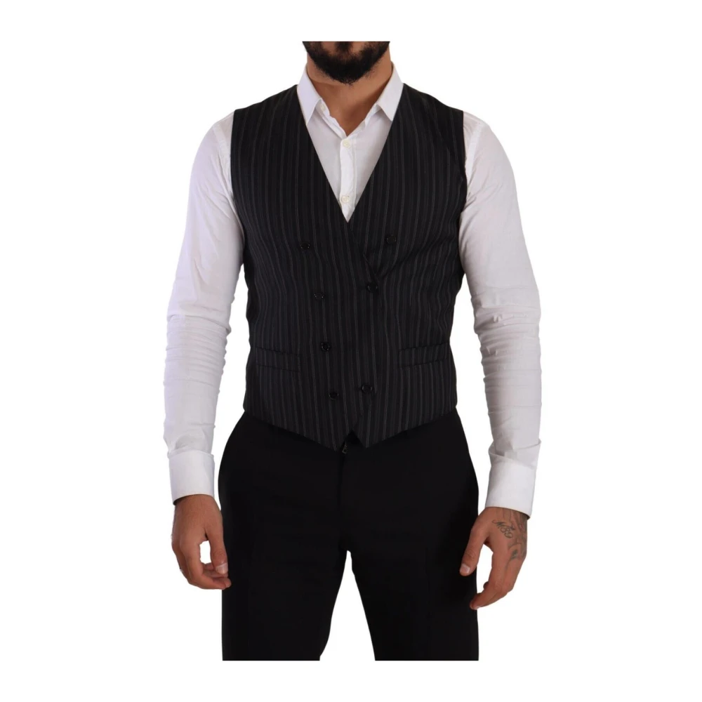Dolce & Gabbana Gray Striped Double Breasted Waistcoat Vest - IT48 | M - Image 3