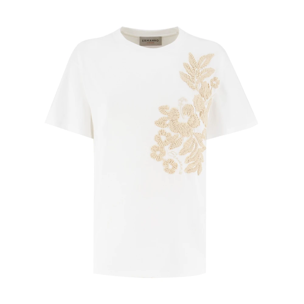Ermanno Scervino Bloemen Geborduurd Katoenen T-Shirt White Dames