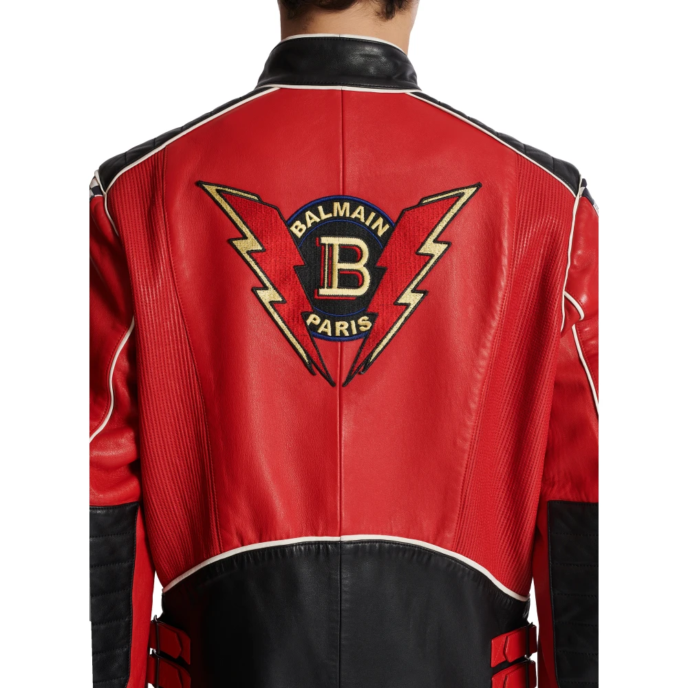 Balmain Lamsleren jas met Racing-patches Red Heren