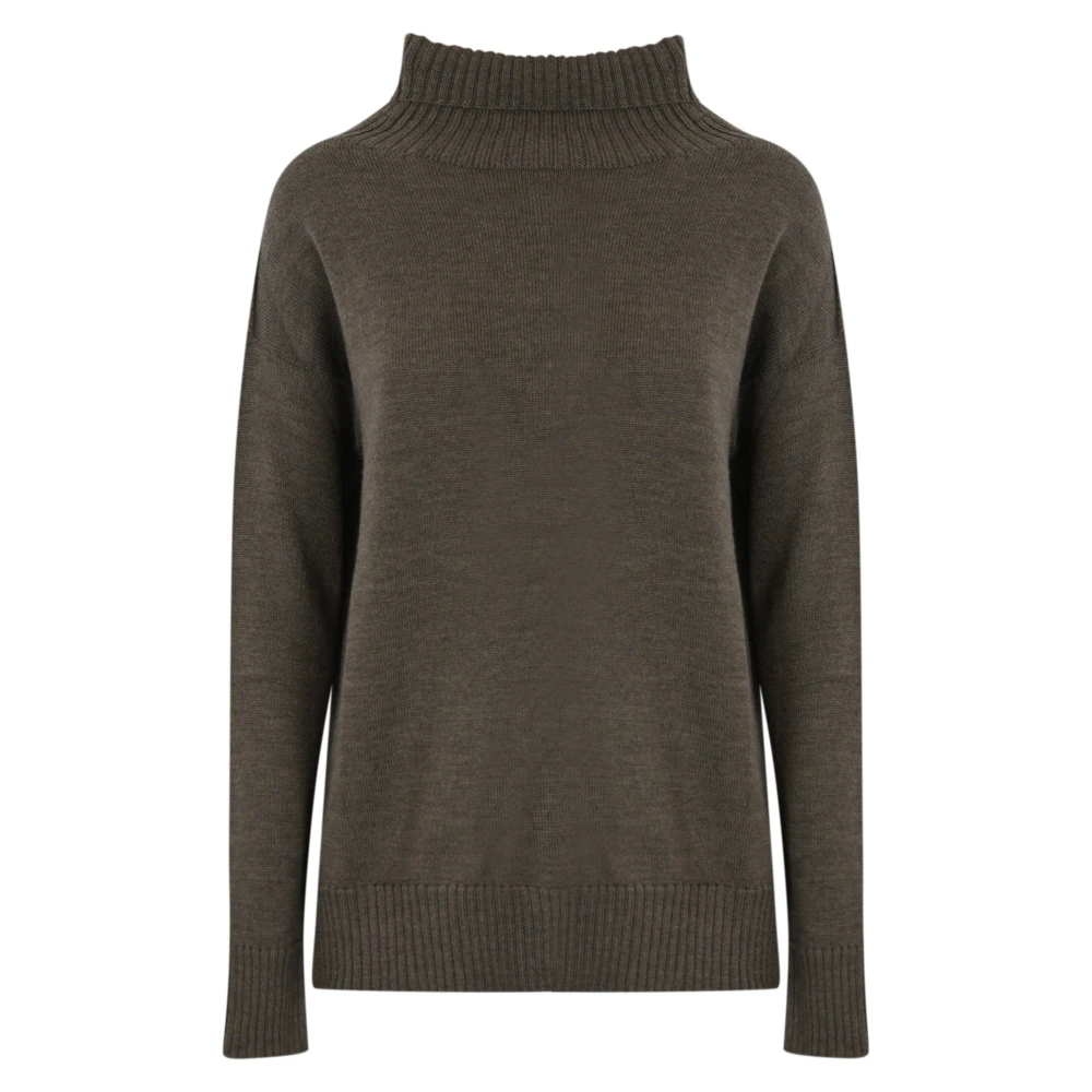 Max Mara Bruine Wollen Trui Hoge Hals Ribbel Brown Dames