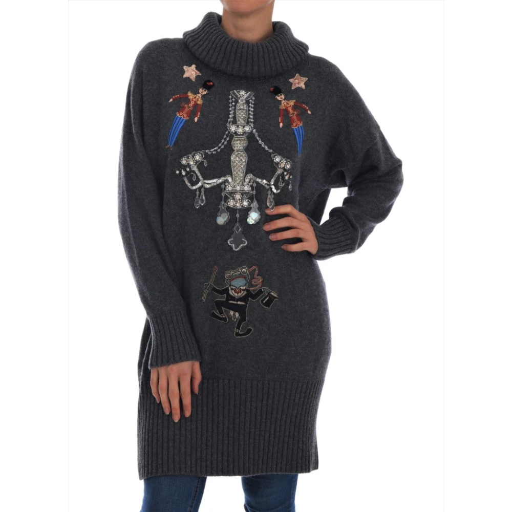 Dolce & Gabbana Women's Gray Knitted Dresses, M, Fairy Tale Crystal Cashmere Jumper