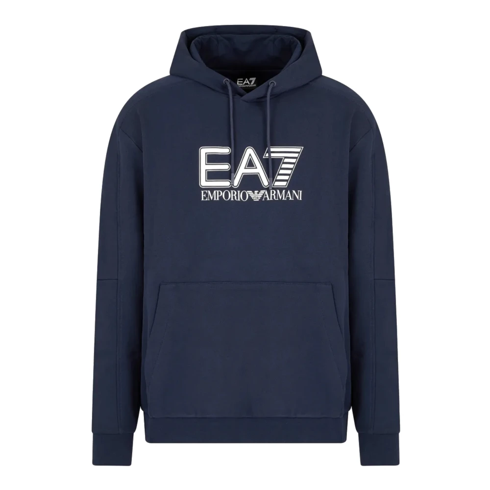 Emporio Armani Ea7 Men's Blue Hoodies, L, Cotton Hoodie With Logo Lettering