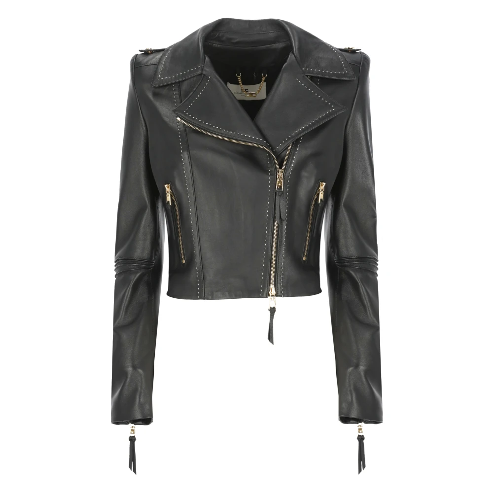 Elisabetta Franchi Zwarte leren jas met ritssluiting zakken Black Dames