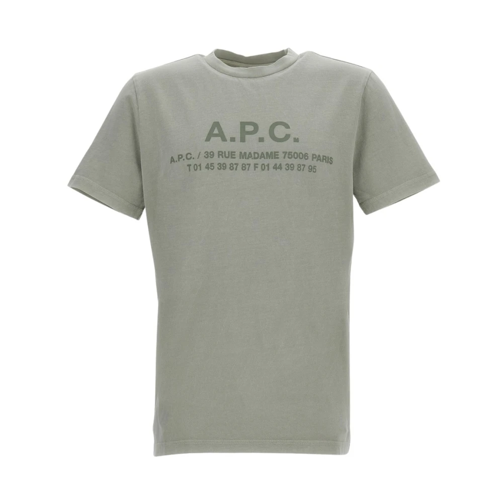 A.p.c. Men's Green T-Shirts, L, Logo-Print Crew-Neck T-Shirt