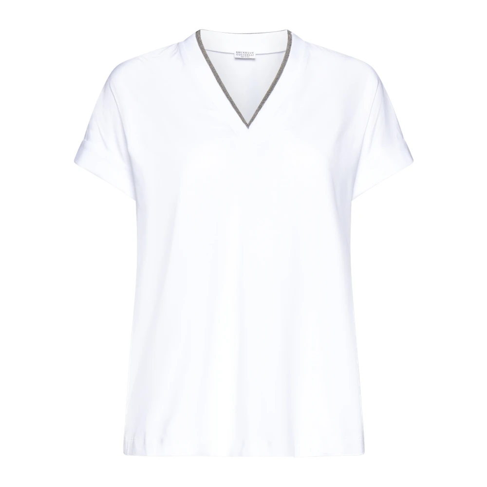 Brunello Cucinelli Women's White Stretch Cotton Jersey T-Shirt With Precious Neckline