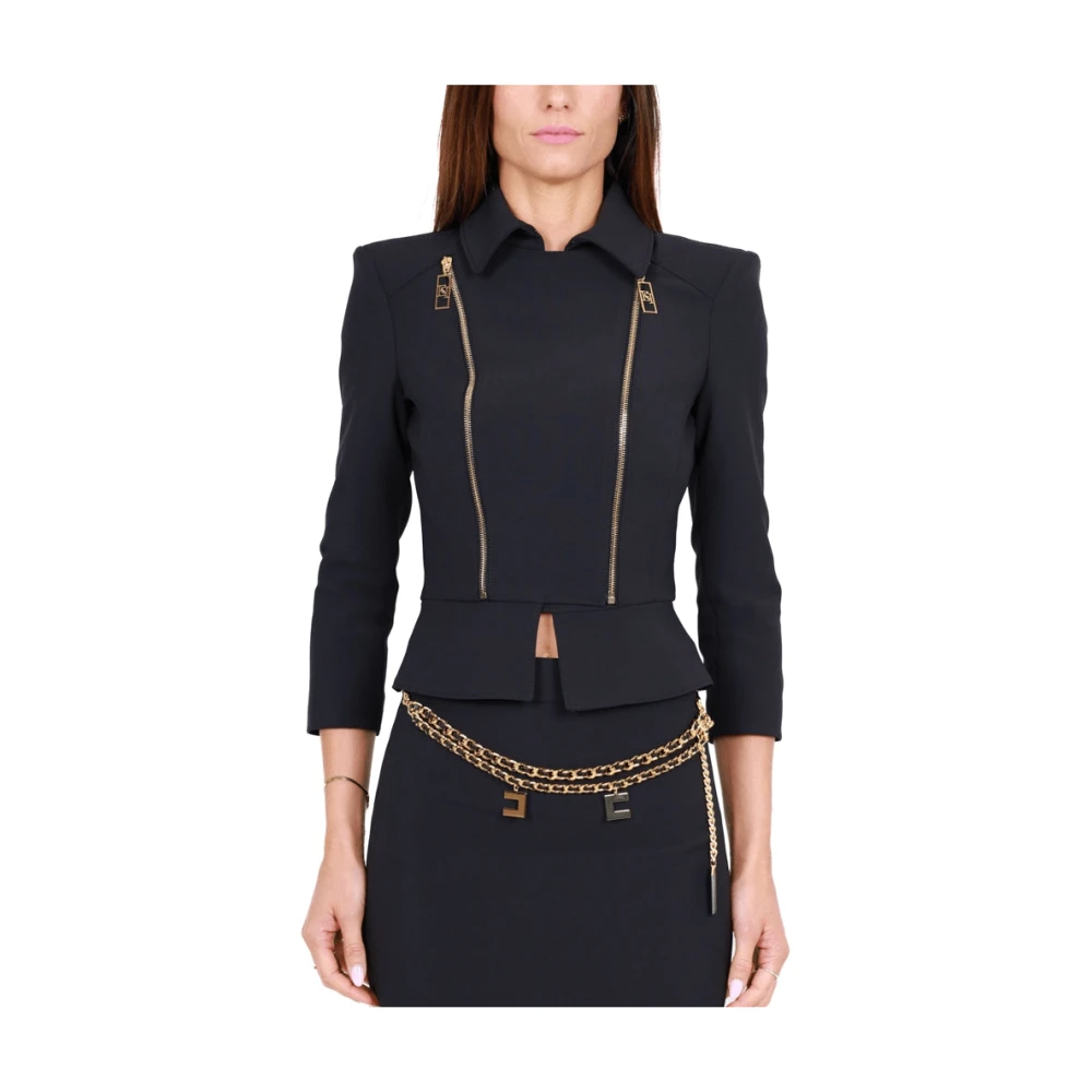 Elisabetta Franchi Korte Elegante Crêpe Jas met Rits Black Dames