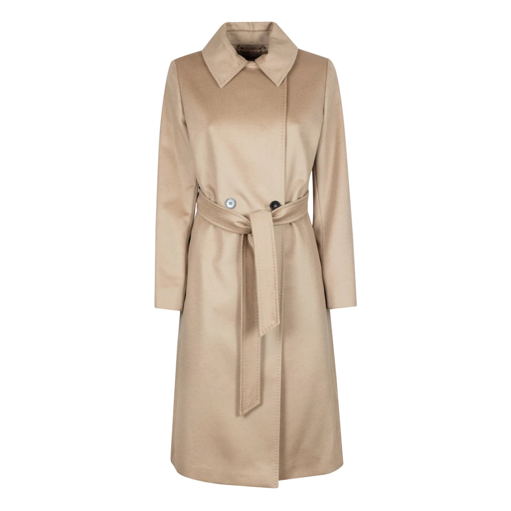 Max Mara Studio Beige Belted Coats, Female, Xs, Wool Blend Coat