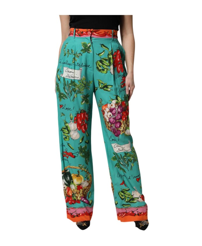 pantalon-droit-imprime-en-soie-verte