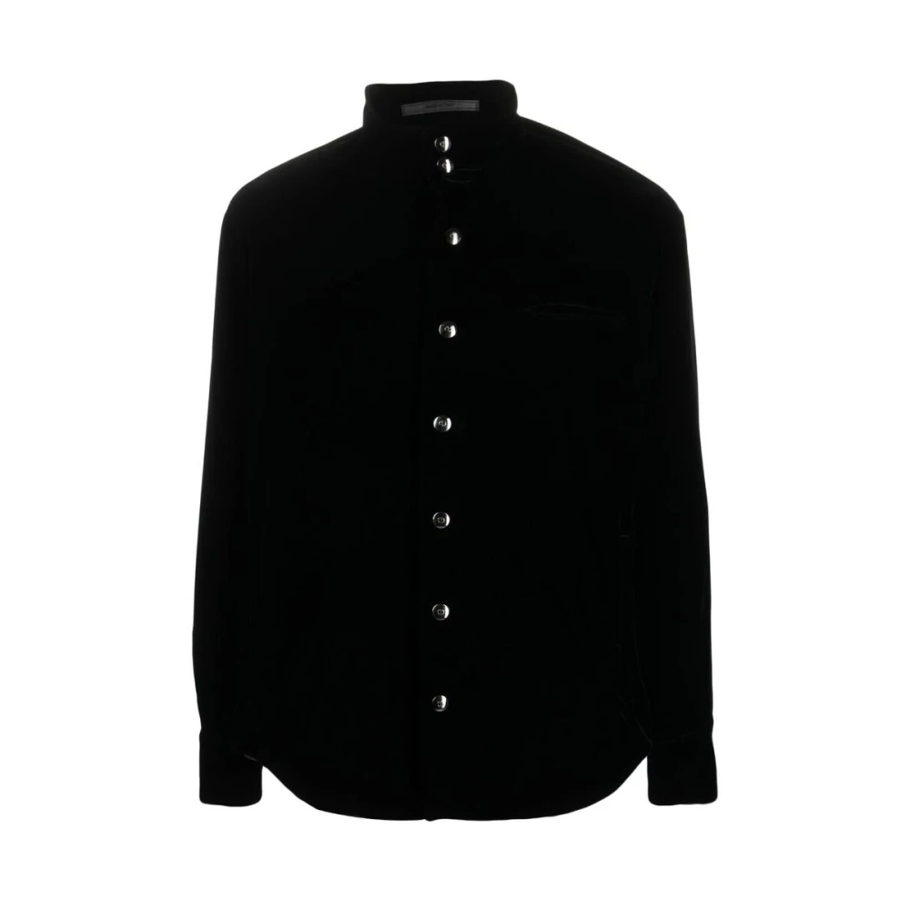 Giorgio Armani Zwarte Fluweel Hoge Kraag Shirt Black Heren