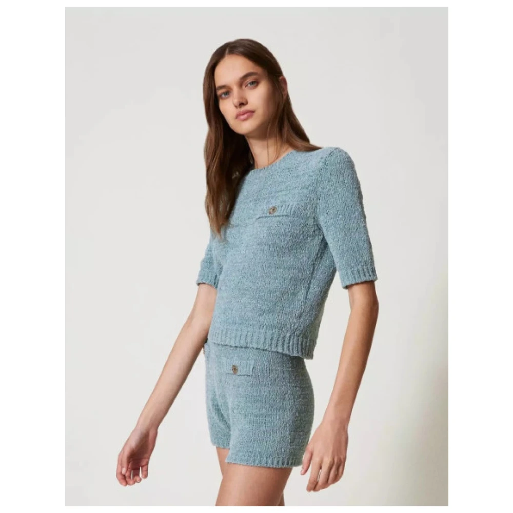 Twinset Katoenen Gebreide Shorts met Geribbelde Afwerking Blue Dames