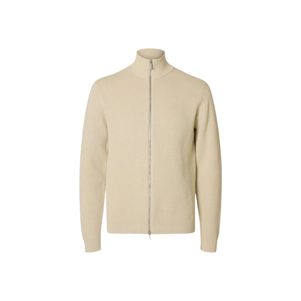 Selected Homme Beige Cardigans, Male, L, Ls Knit Structure Full Zip