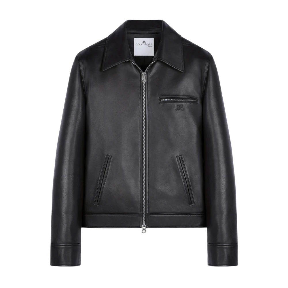 Courrèges Zwarte Leren Jas Logo Patch Rits Sluiting Black Heren