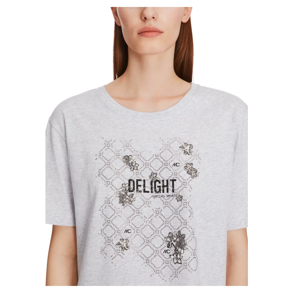 Marc Cain Glitter Motif Cotton T-Shirt Gray Dames