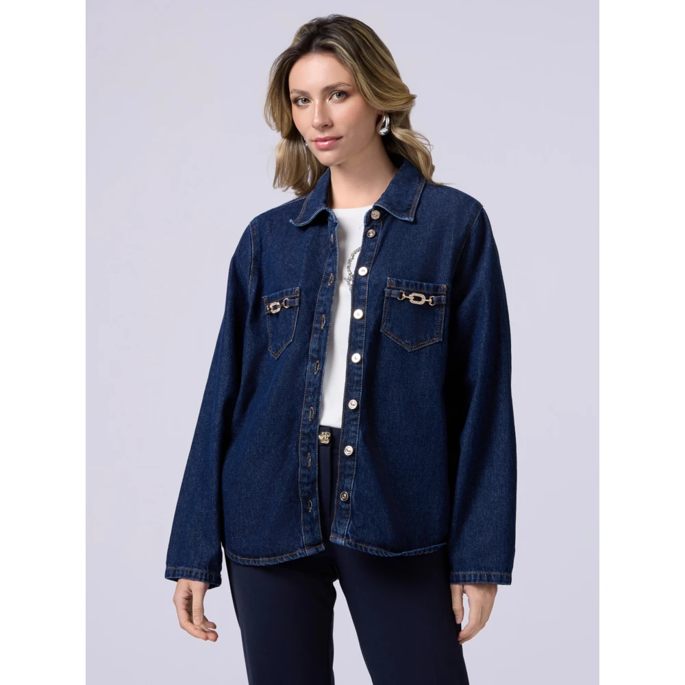 Oltre Overhemdblouse van denim met metalen gespen Blue Dames