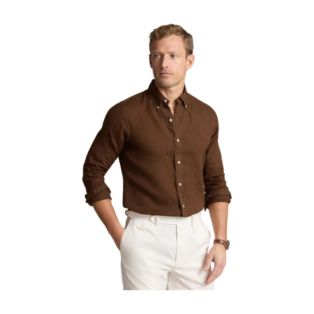Ralph Lauren Linnen Overhemd Bruin Modern Fit Lichtgewicht Brown Heren