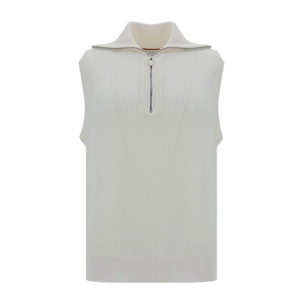 BRUNELLO CUCINELLI Geribbeld Katoenen Vest met Ritssluiting en Hoge Kraag Gray Heren