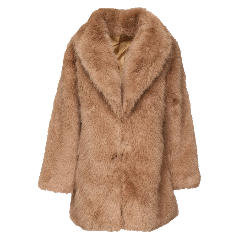V73 Beige Bont V-Hals Jas met Zakken Beige Dames