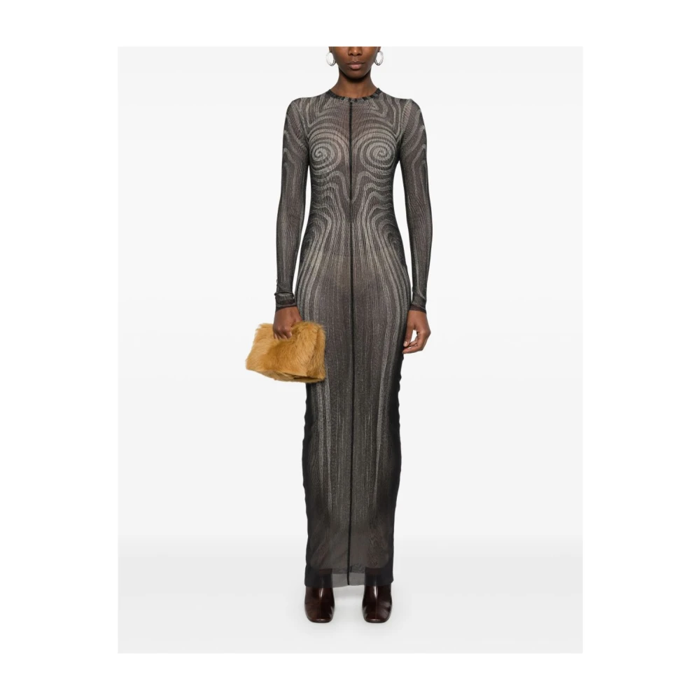 Jean Paul Gaultier Zwarte Mesh Lange Jurk Bedrukte Spiraal Black Dames
