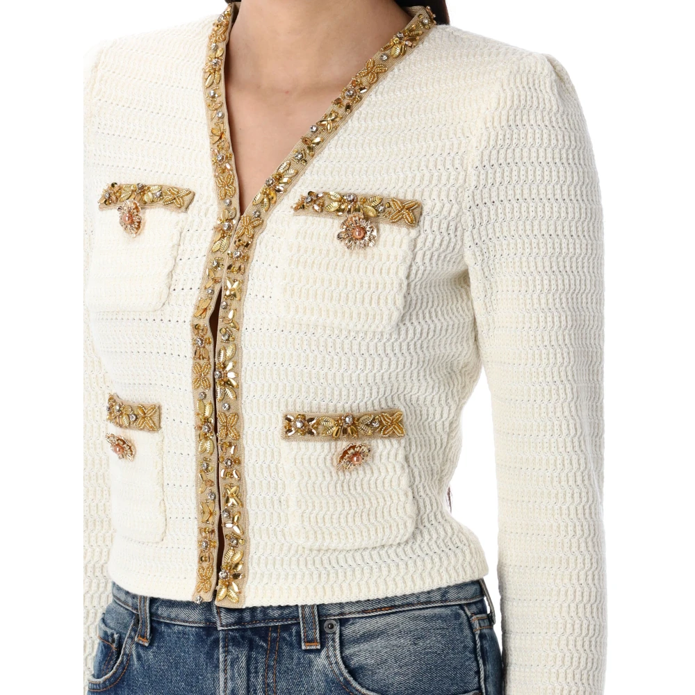 Self Portrait Crème Lurex Gebreide Vest Jas White Dames