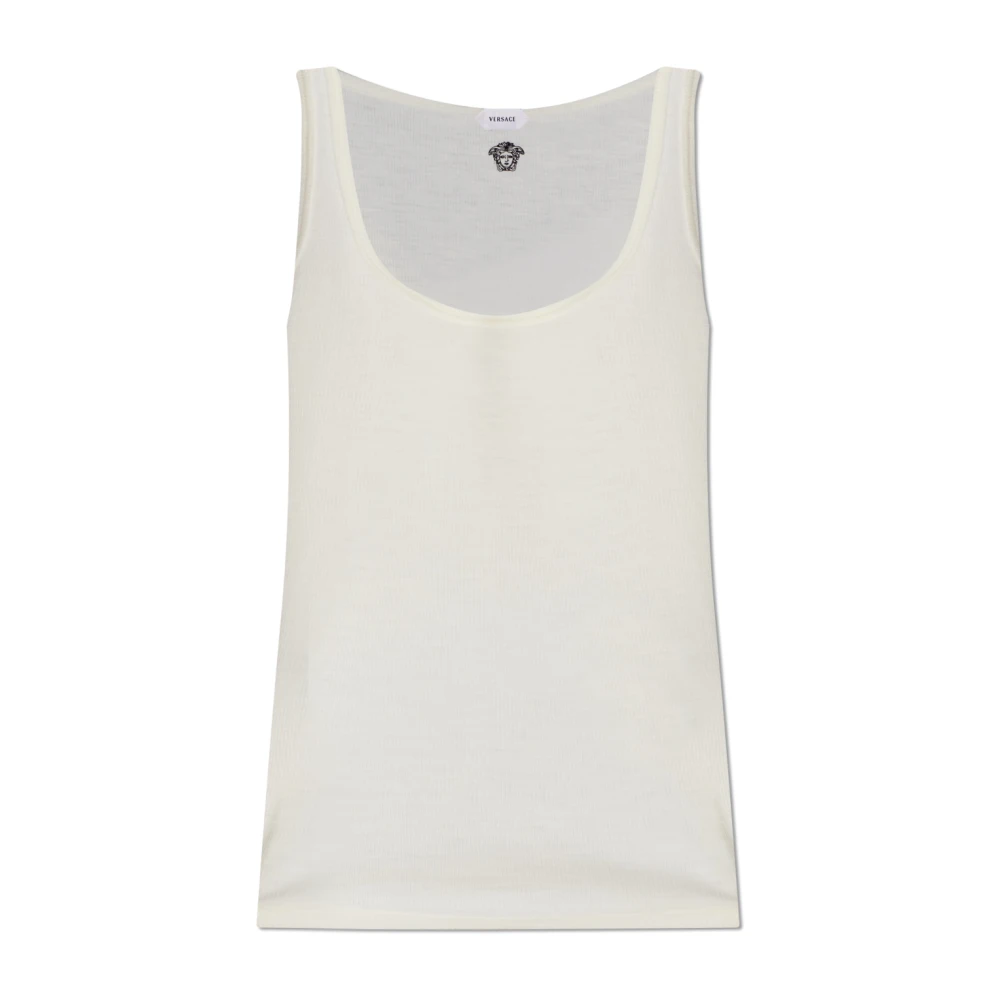 Versace Vrouw Beige Tops Dames, 2XS, Wol, Geborduurde Geribbelde Wollen Tanktop