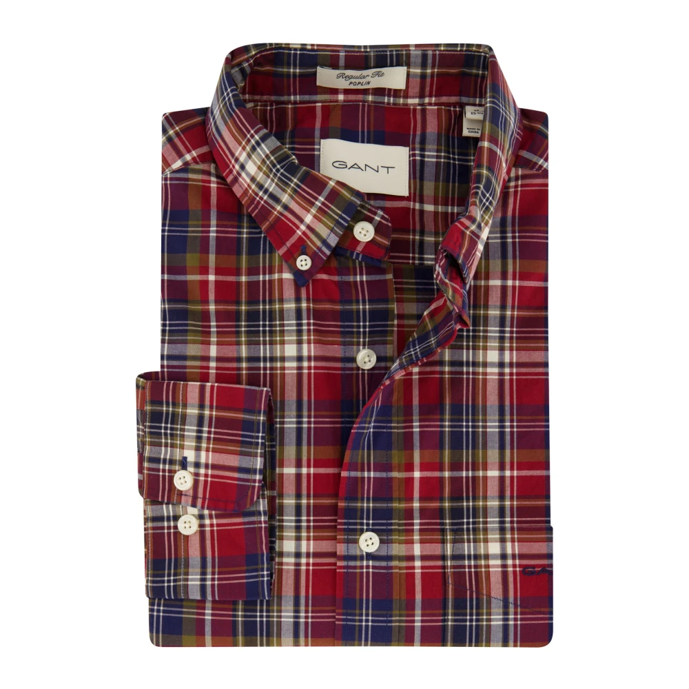 Gant Rood Geruite Poplin Overhemd met Borstzak Red Heren