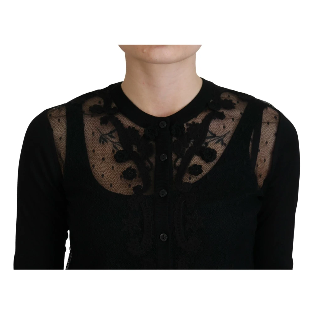 Dolce & Gabbana Elegante Zwarte Bloemen Kant Vest Black Dames