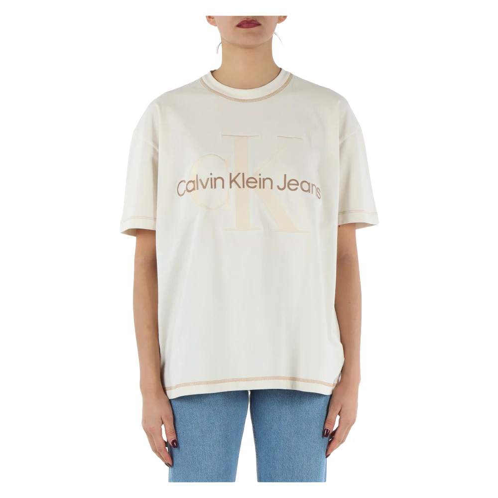 Calvin Klein Jeans Oversized T-shirt van katoen met geborduurd logo Beige Dames