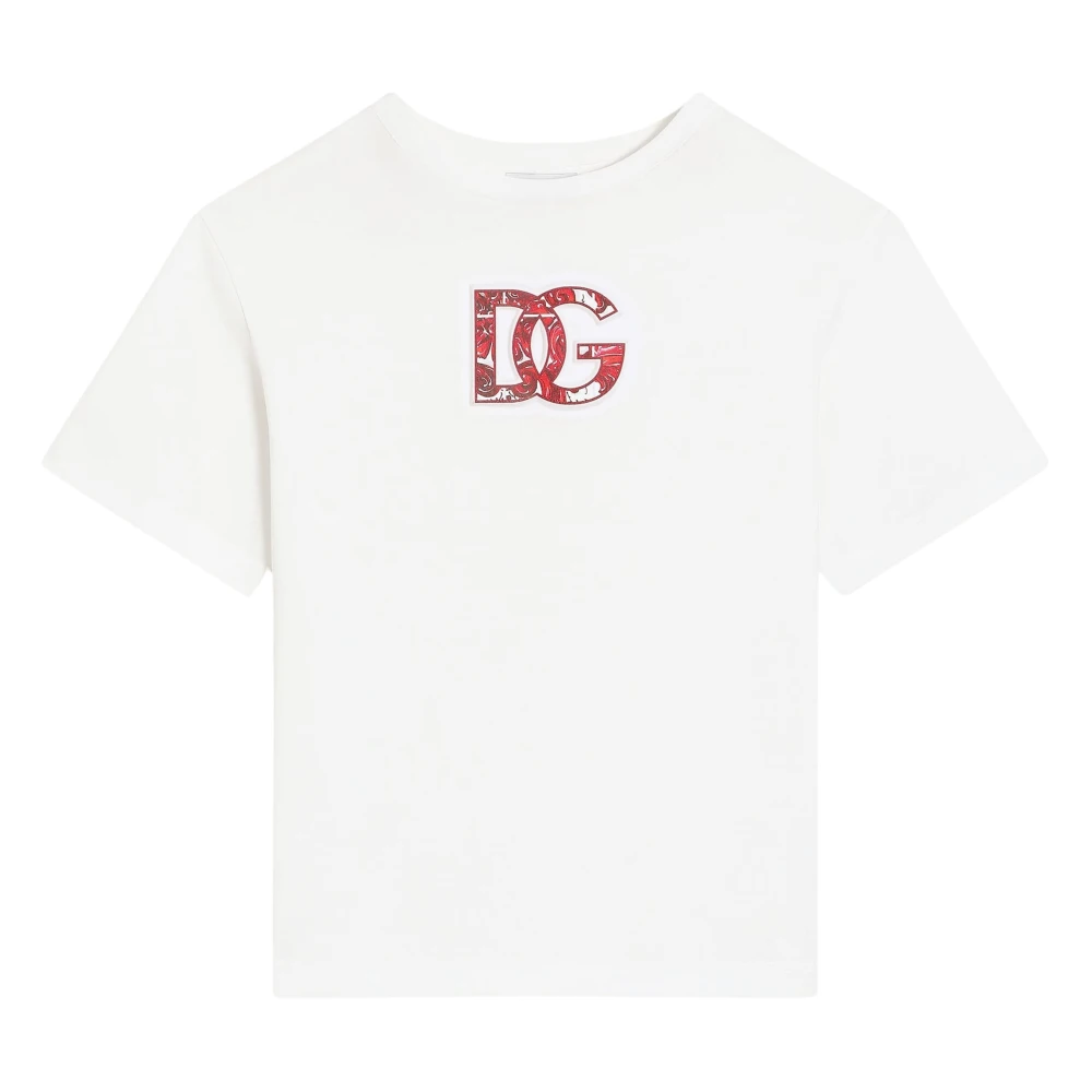 Dolce & Gabbana , Kids Short Sleeve T-Shirts, Unisex, White, 6 Y | 116 Cm, Boys Embossed Majolica Logo T-Shirt In White - Image 1