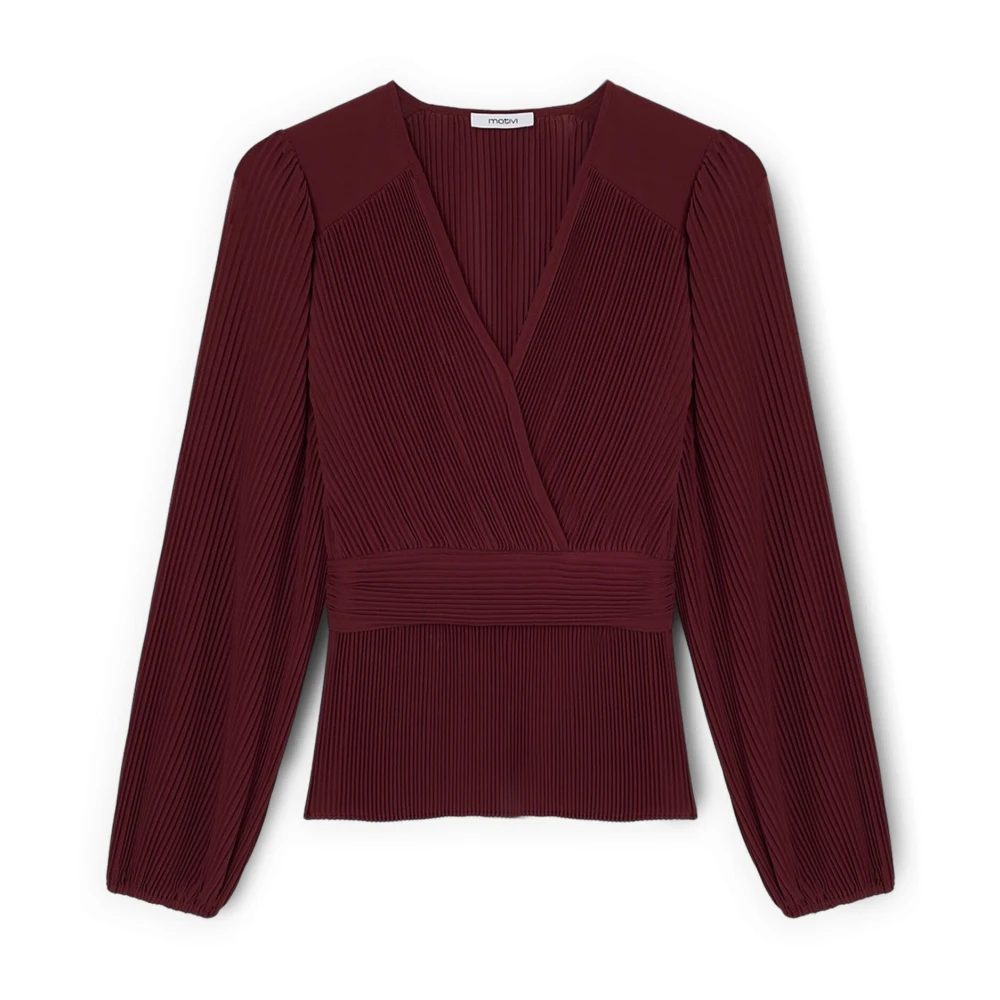 Motivi Kvinno Röd Blusar & Skjortor Dam, 2XS, Polyester, Pleated Georgette Blouse Med V-Ringning
