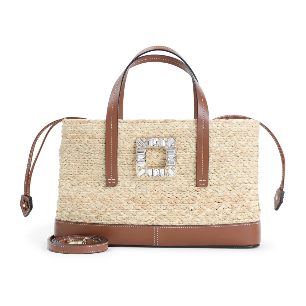 Roger Vivier Skate Straw Flowers Shopping Tas Beige Dames