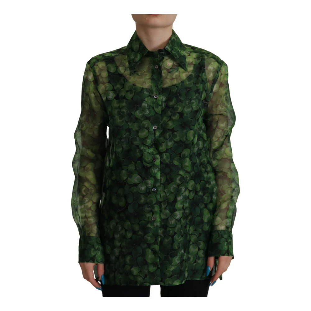 Dolce & Gabbana Women's Green Silk Clover Print Collared Blouse - Shirts - 2XS - Blouses & Shirts