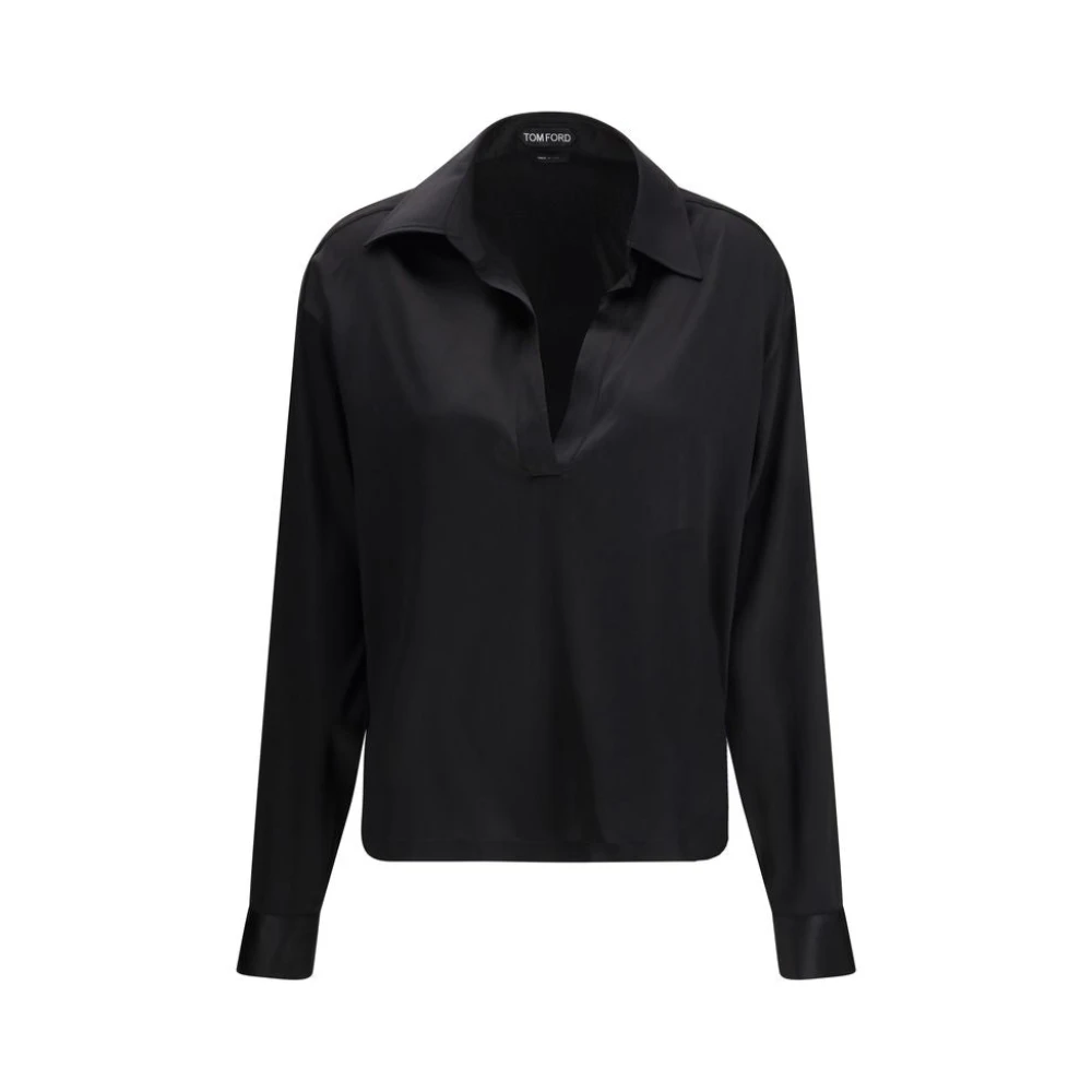 Tom Ford Women's Black Stretch Silk Satin Polo - Shirts - Xs - Blouses & Shirts