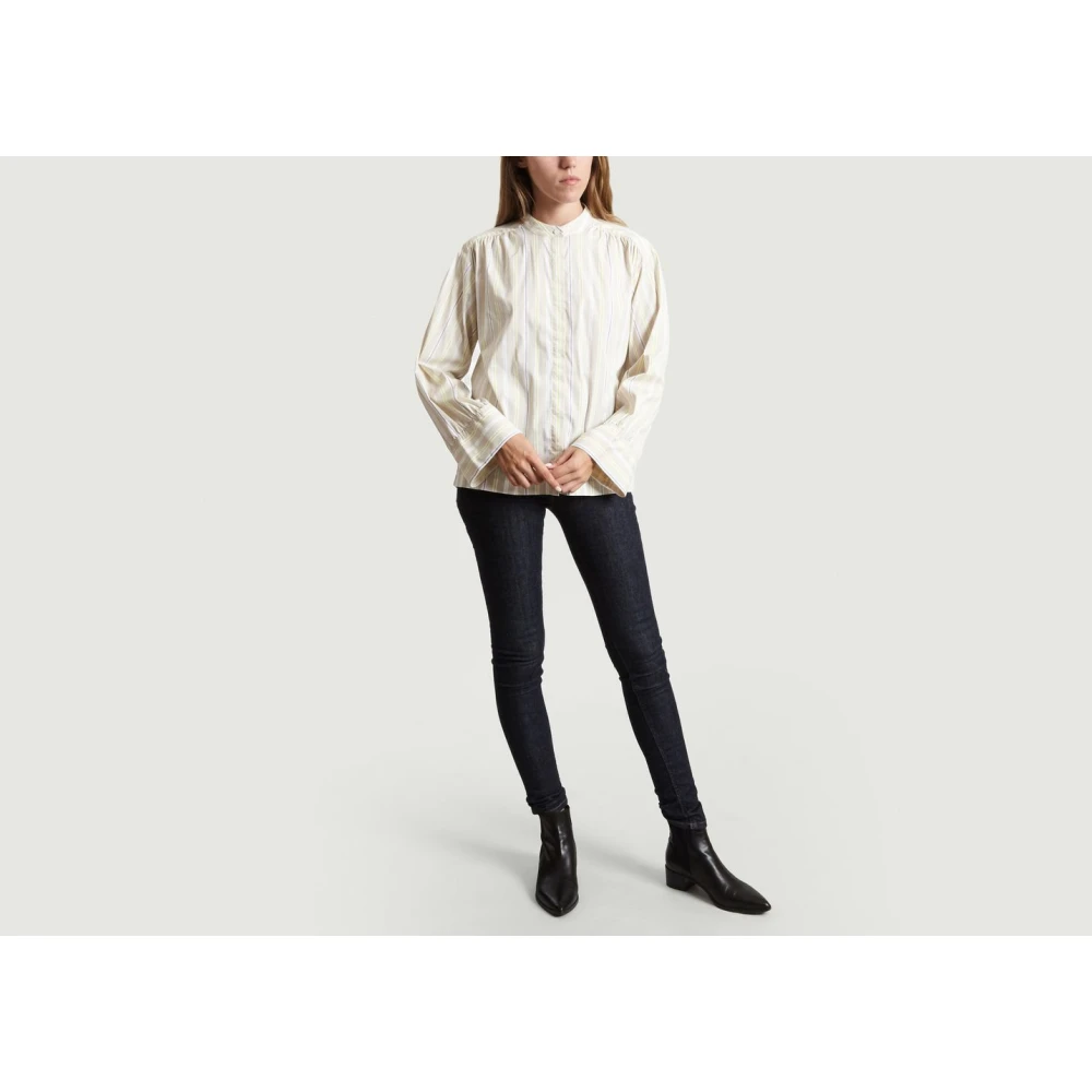 closed Pastel Streep Katoenen Blouse Beige Dames