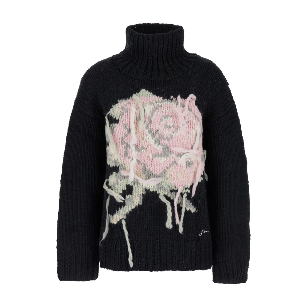 Ganni Grafische Wol Turtleneck Sweater Black Dames