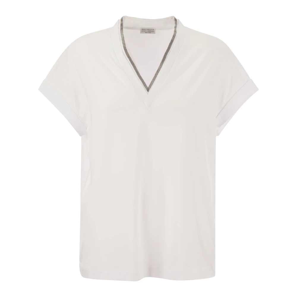 BRUNELLO CUCINELLI Stretch katoenen jersey T-shirt met kostbare halslijn White Dames