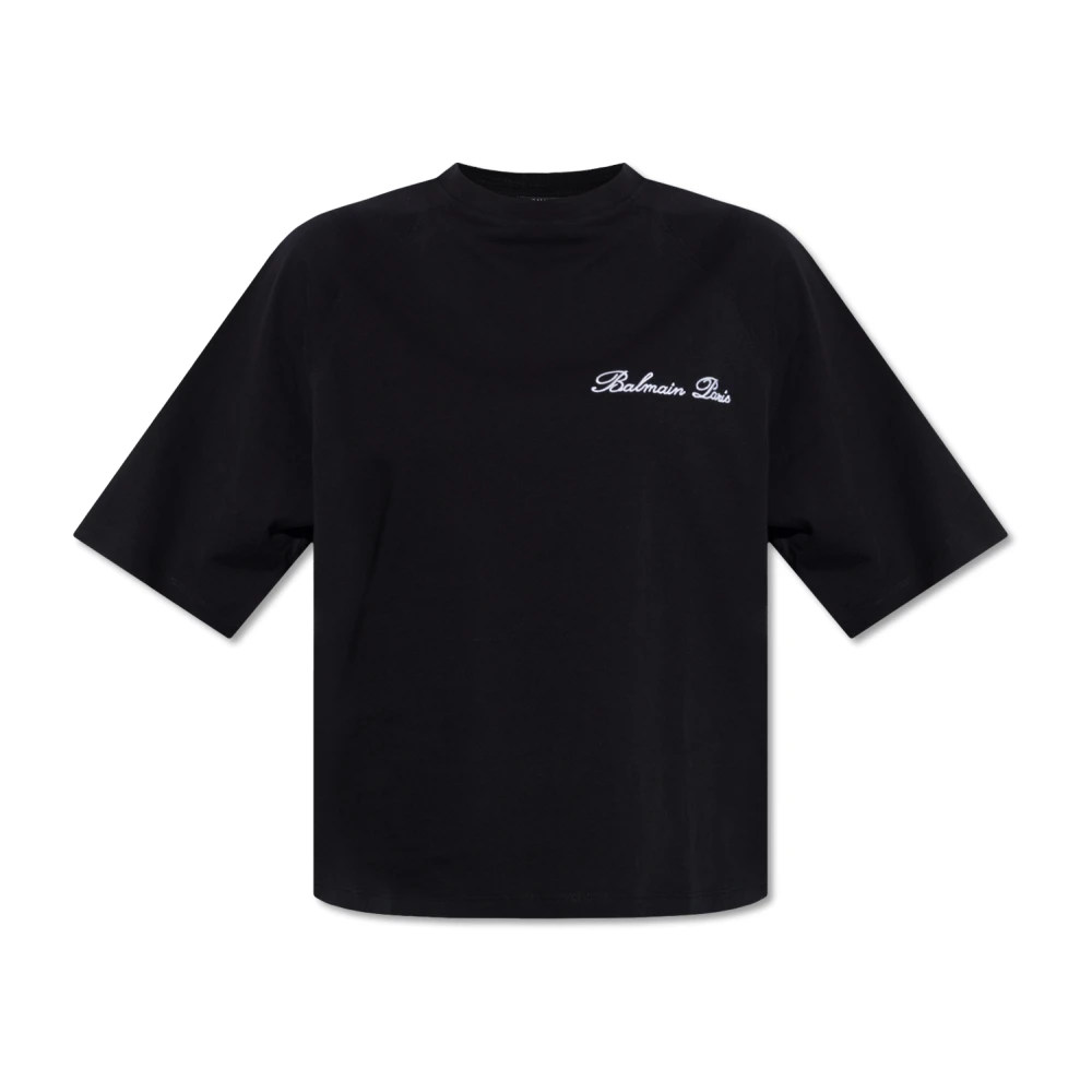 Balmain Logo Geborduurd Cropped T-Shirt Black Dames