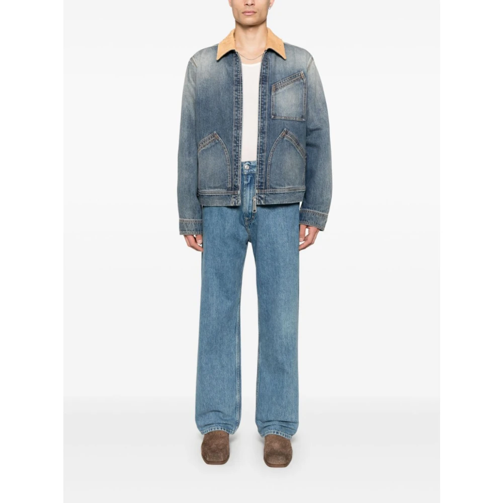 alexander mcqueen Blauwe Denim Jas met Beige Suède Kraag Blue Heren