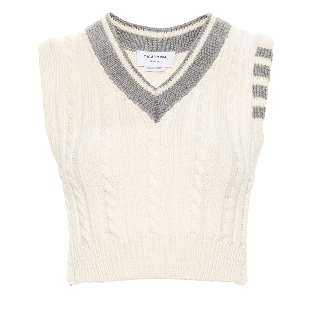 Thom Browne Luxe Kabelsteek V-Hals Trui White Dames