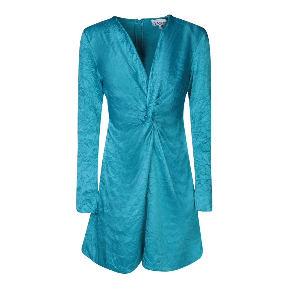 Ganni Crinkle Satijnen V-Hals Mini Jurk Blue Dames