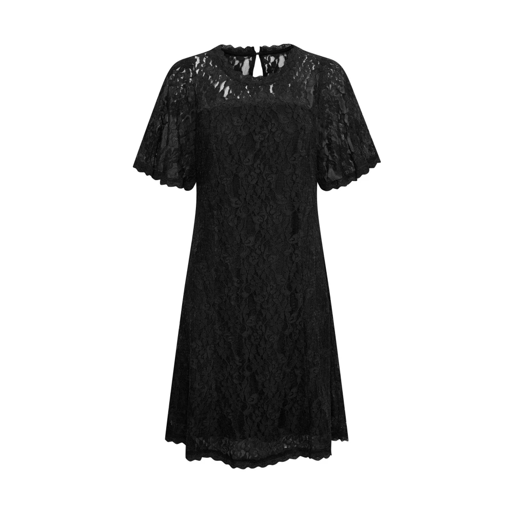 Cream Women's Black Lace Dress With Short Sleeves - Short Dresses - L - Dresses