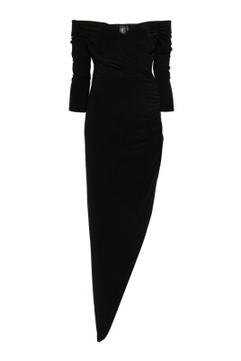 black-off-shoulder-evening-dress