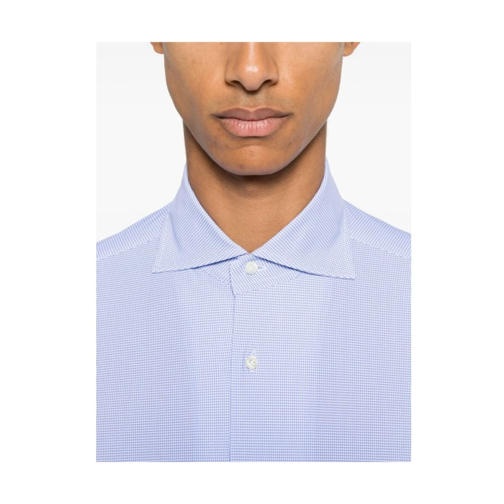 Mazzarelli Blauw Houndstooth Button-Up Overhemd Blue Heren