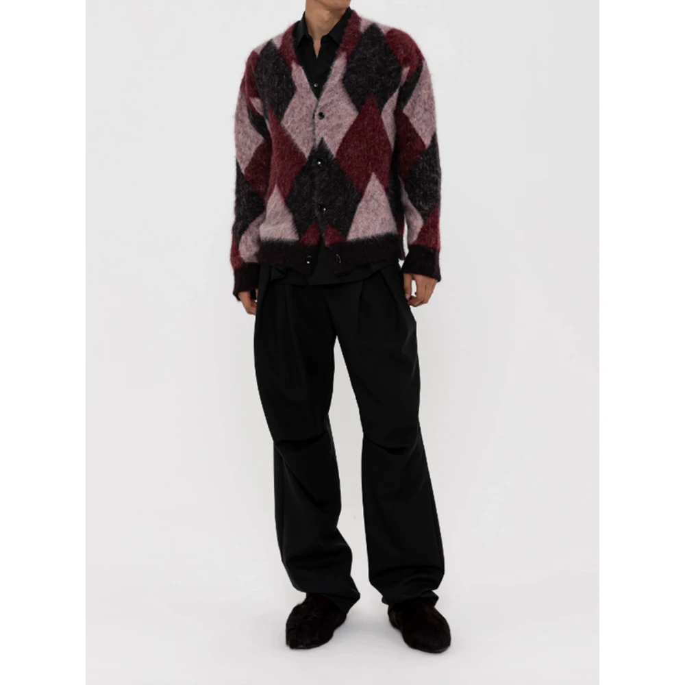 Laneus Argyle Baby Alpaca Cardigan in Bordeaux Multicolor Heren