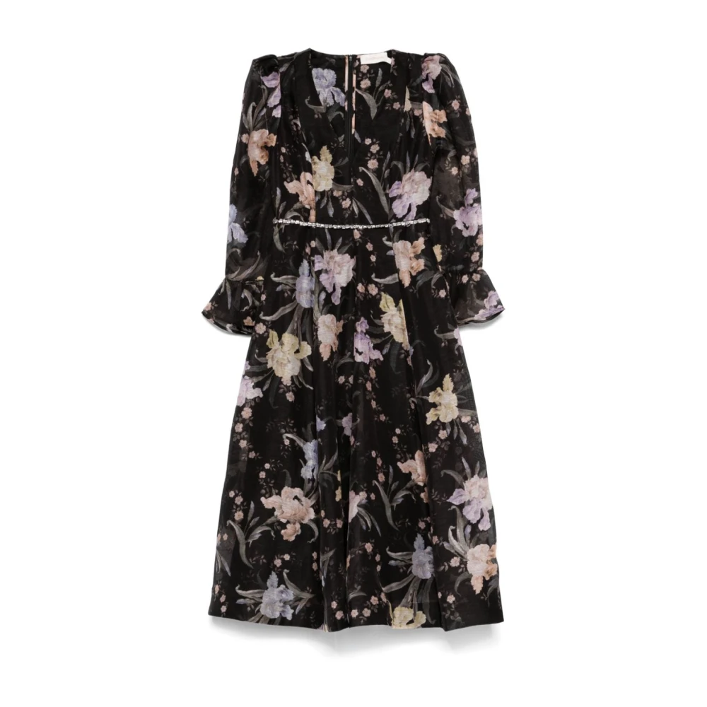 Zimmermann Zwart Bloemenprint Linnen Jurk Black Dames