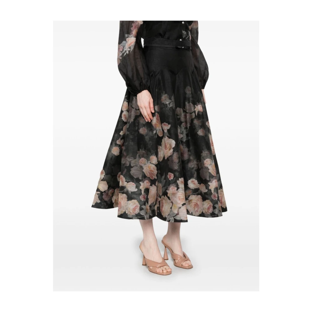 Zimmermann Zwarte Crush Midi Rok met Bloemenprint Black Dames