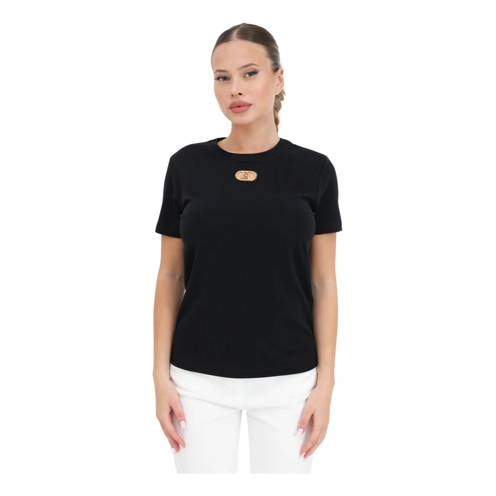 Elisabetta Franchi Zwarte T-shirts en Polos met Gouden Logo Detail Black Dames